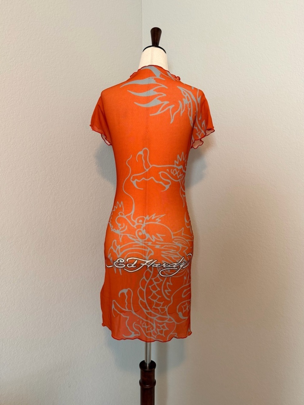 Ed Hardy Lotus Dragon Rhinestone Mesh Cover Up Mini Dress - Orange Combo - Picture 6 of 10